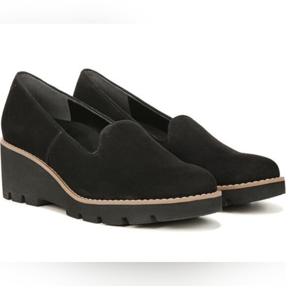 Vionic Black Suede Wedge Loafers